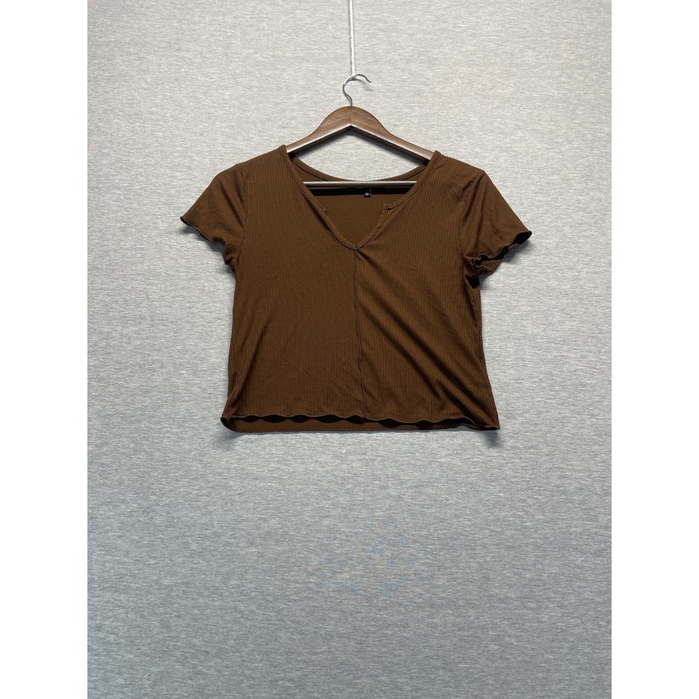 YMI Collections Cropped Top Womens Medium Brown Ribbed Knit V Neck Lettuce Trim